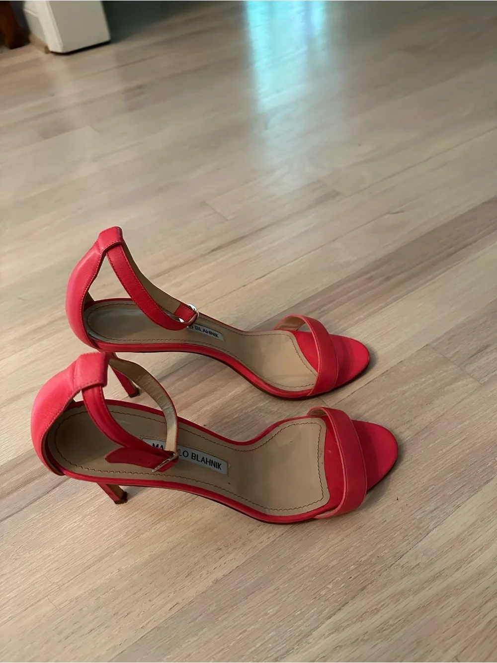 Manolo Blahnik Red Satin Ankle-Strap Open-Toe Heels
